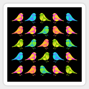 Cute little colourful birds with hearts on black background Sticker